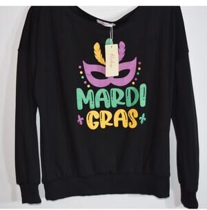 NEW Rashpop Mardi Gras Graphic Sweatshirt Mask Feathers Black Pullover M